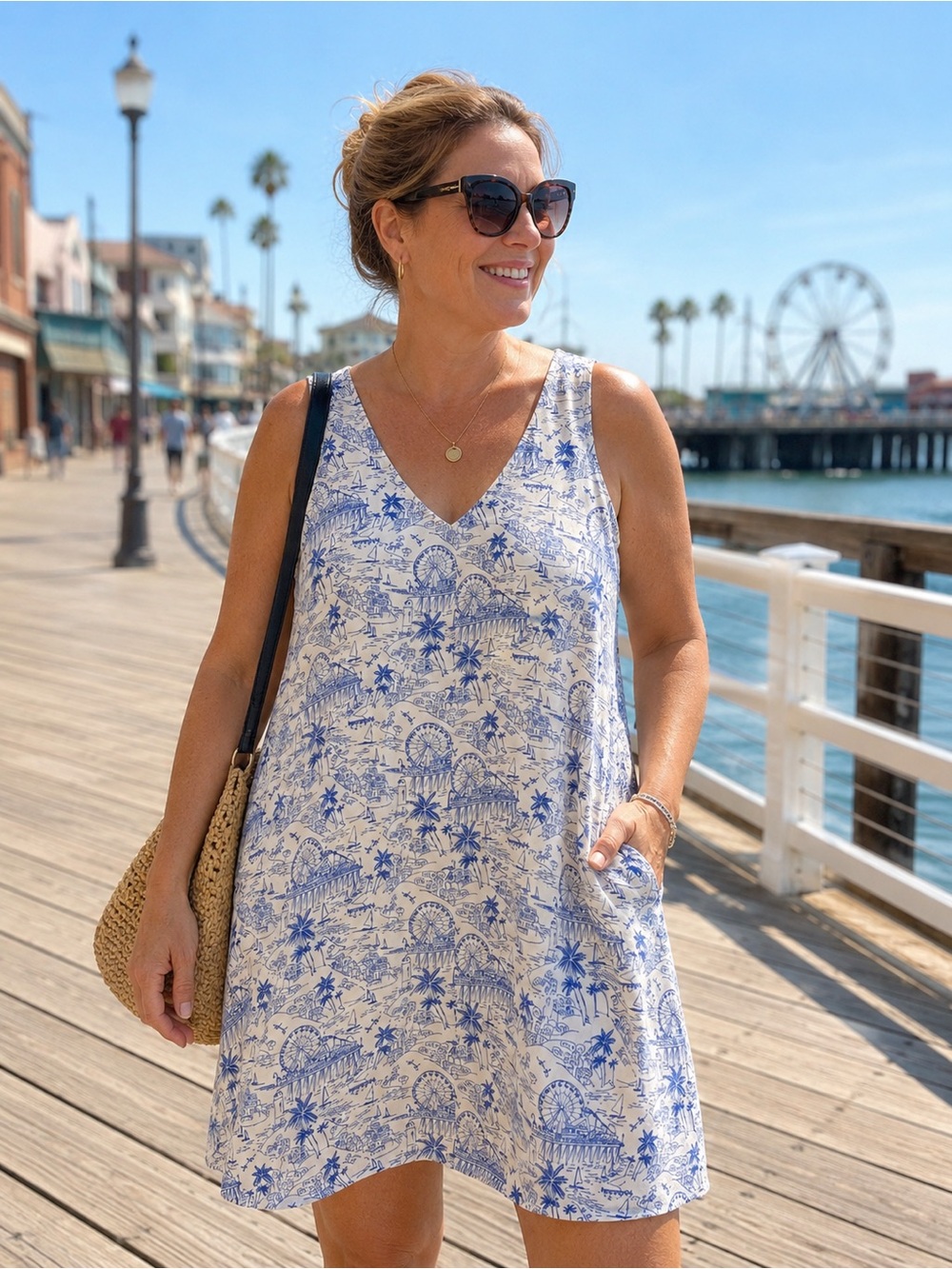 Old Navy Coastal Boardwalk Print Shift Dress Blue Ivory XL